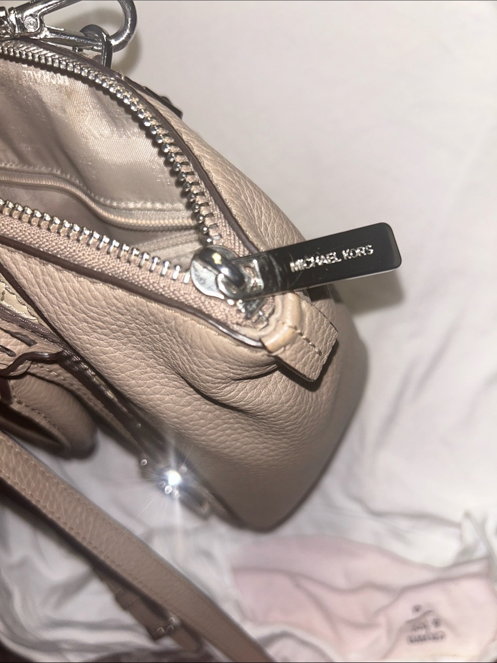 Michael Kors Brown & Beige Geometric Leather Satchel with MK Charm; 20-26” strap - Picture 9 of 15